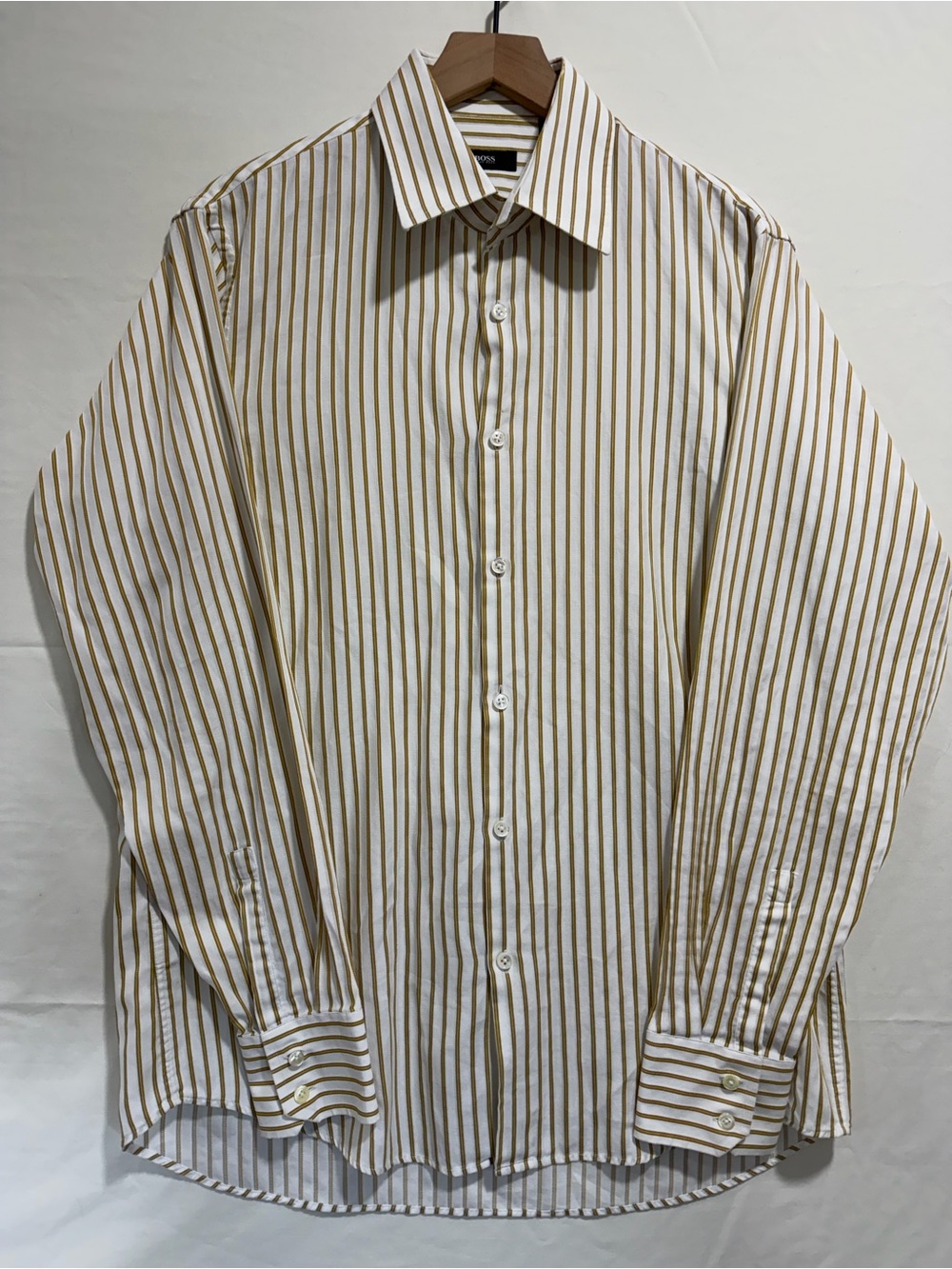 Hugo Boss Men’s 16.5 34/35 Striped Dress Shirt White Gold Long Sleeve